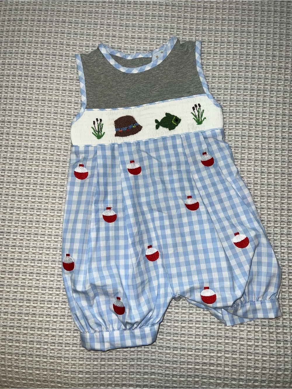 Blue and white Smocked Baby Romper Fishing-themed Embroidery